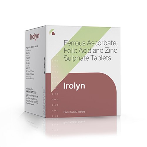 Irolyn, Compositions of Irolyn are Ferrous Ascorbate 100mg + Folic Acid 1.5mg+ Zinc 7.5mg, Irolyn offered by Kroyf