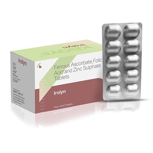 Irolyn, Compositions of Irolyn are Ferrous Ascorbate 100mg + Folic Acid 1.5mg+ Zinc 7.5mg, Irolyn offered by Kroyf