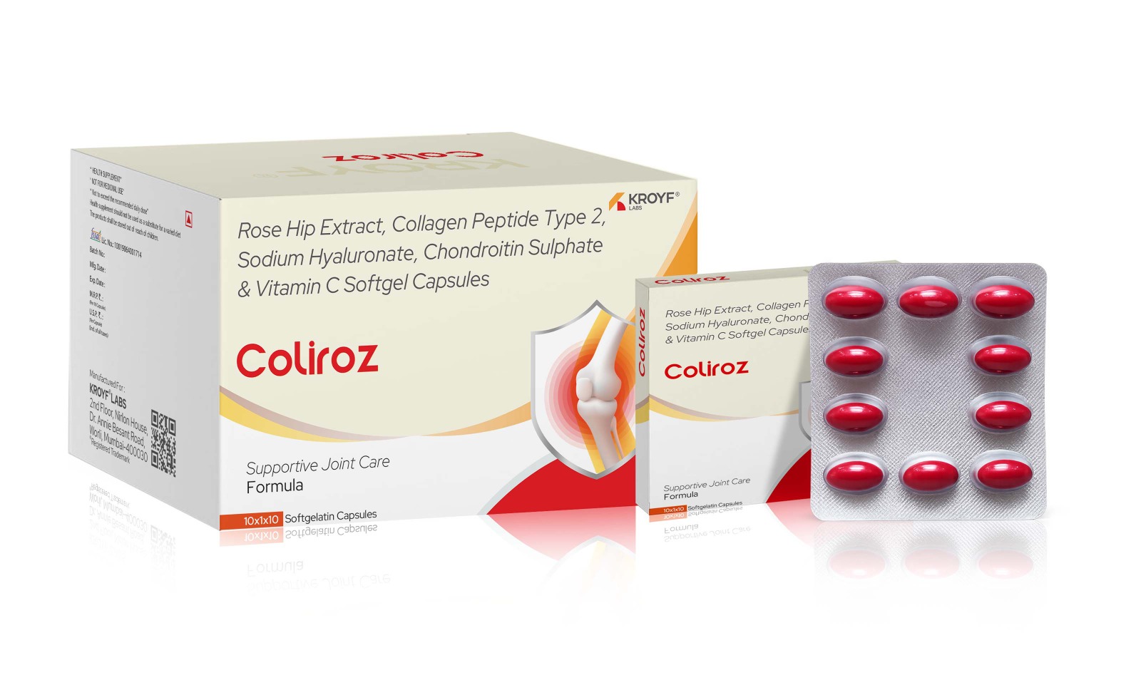 Coliroz Capsule, Compositions of Coliroz Capsule are Rose Hip Extract, Collagen Peptide Type 2, Sodium Hyaluronate, Chondroitin Sulphate & Vitamin C Softgel, Coliroz Capsule offered by Kroyaf Labcorp