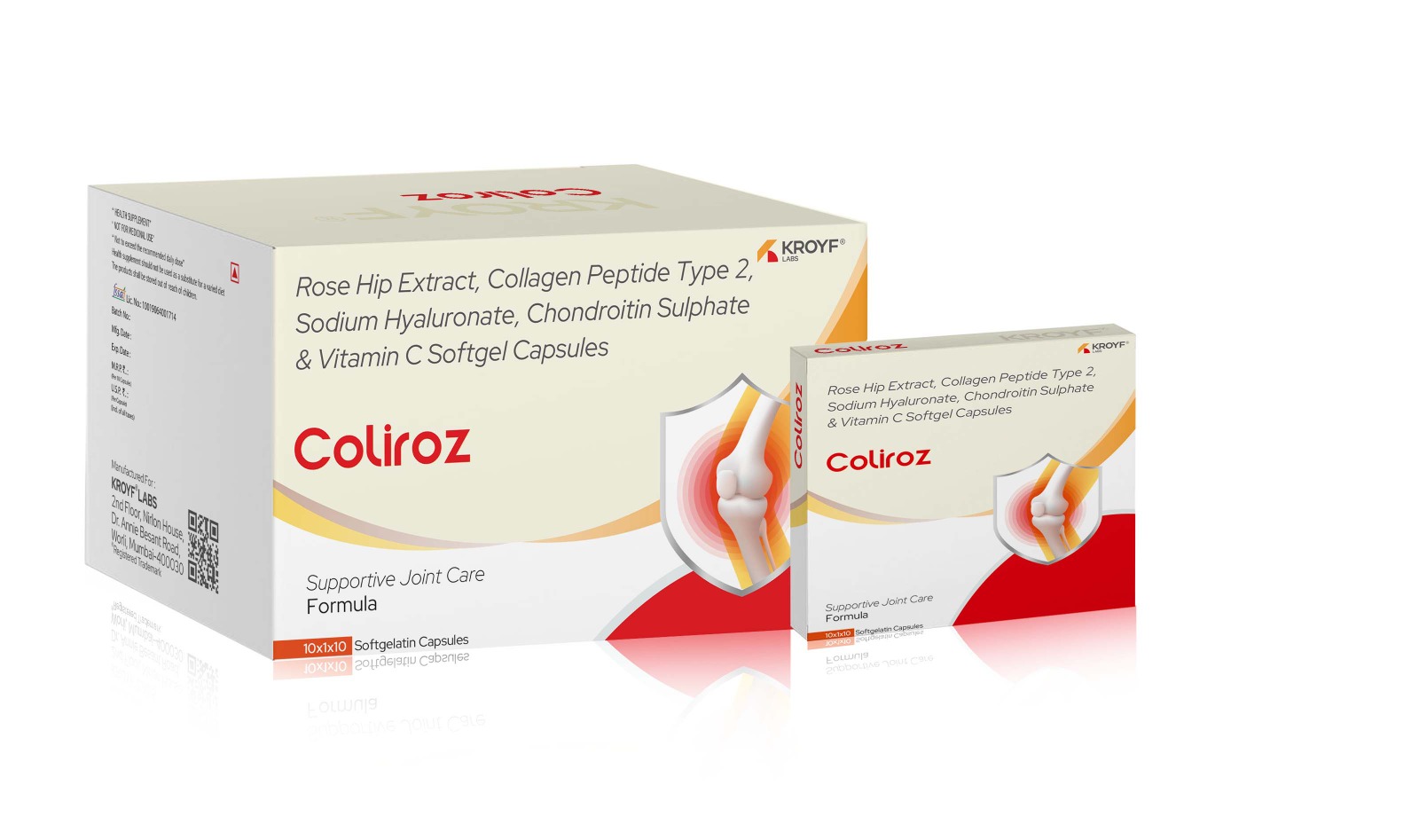 Coliroz Capsule, Compositions of Coliroz Capsule are Rose Hip Extract, Collagen Peptide Type 2, Sodium Hyaluronate, Chondroitin Sulphate & Vitamin C Softgel, Coliroz Capsule offered by Kroyaf Labcorp