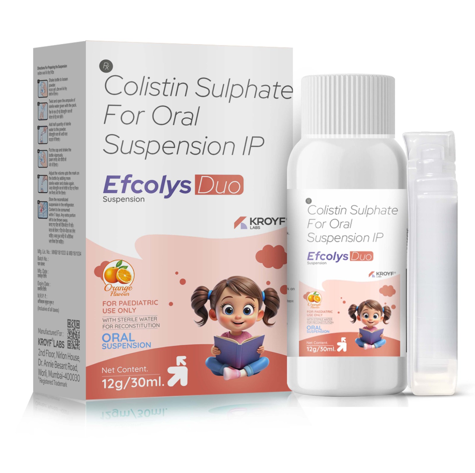 Efcolys Duo Dry Syrup, Compositions of Efcolys Duo Dry Syrup are Colistin Sulphate 25mg For Oral  Suspension IP, Efcolys Duo Dry Syrup offered by Kroyaf Labcorp