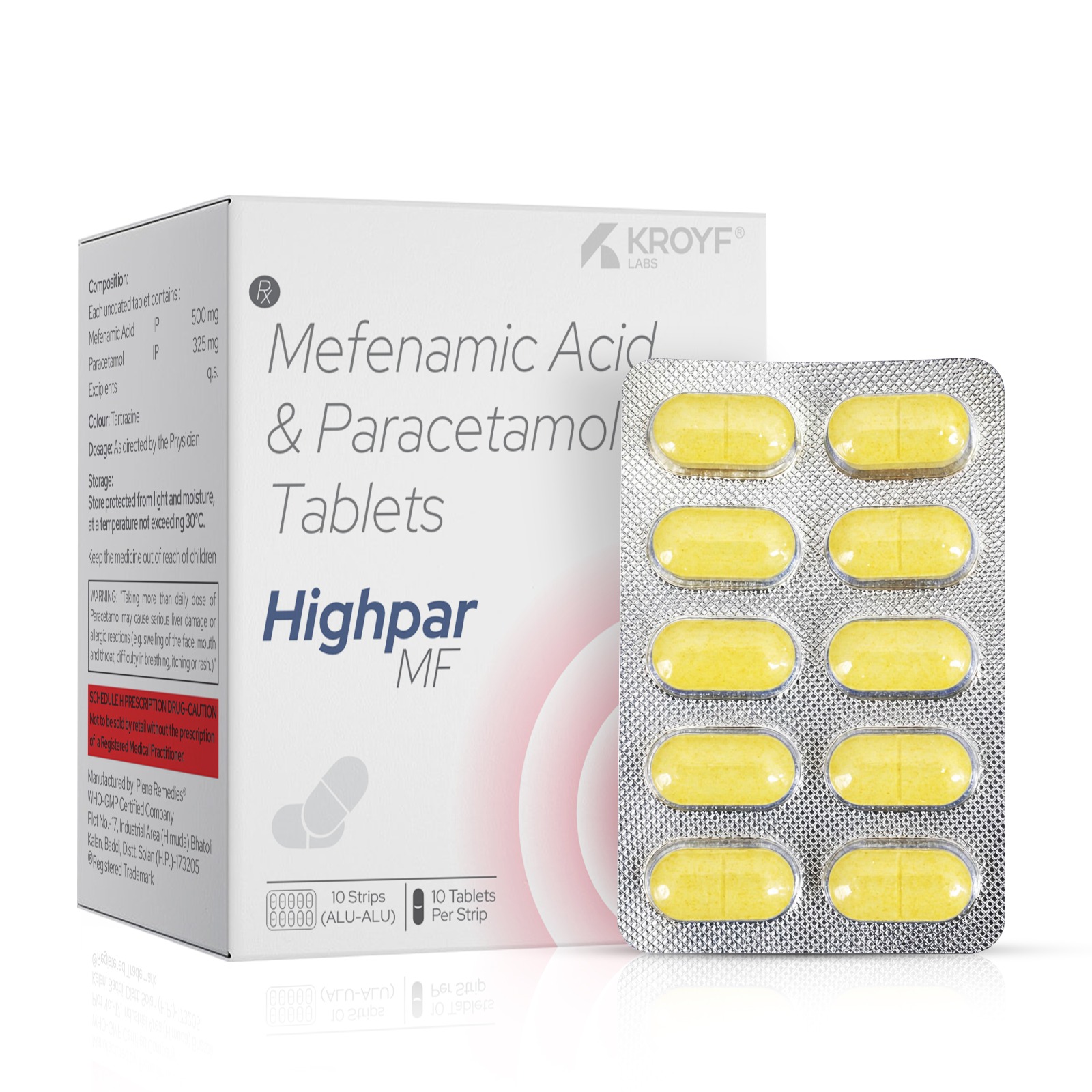 Highpar MF, Compositions of Highpar MF are Mefenamic Acid 500mg + Paracetamol 325mg, Highpar MF offered by Kroyaf Labcorp
