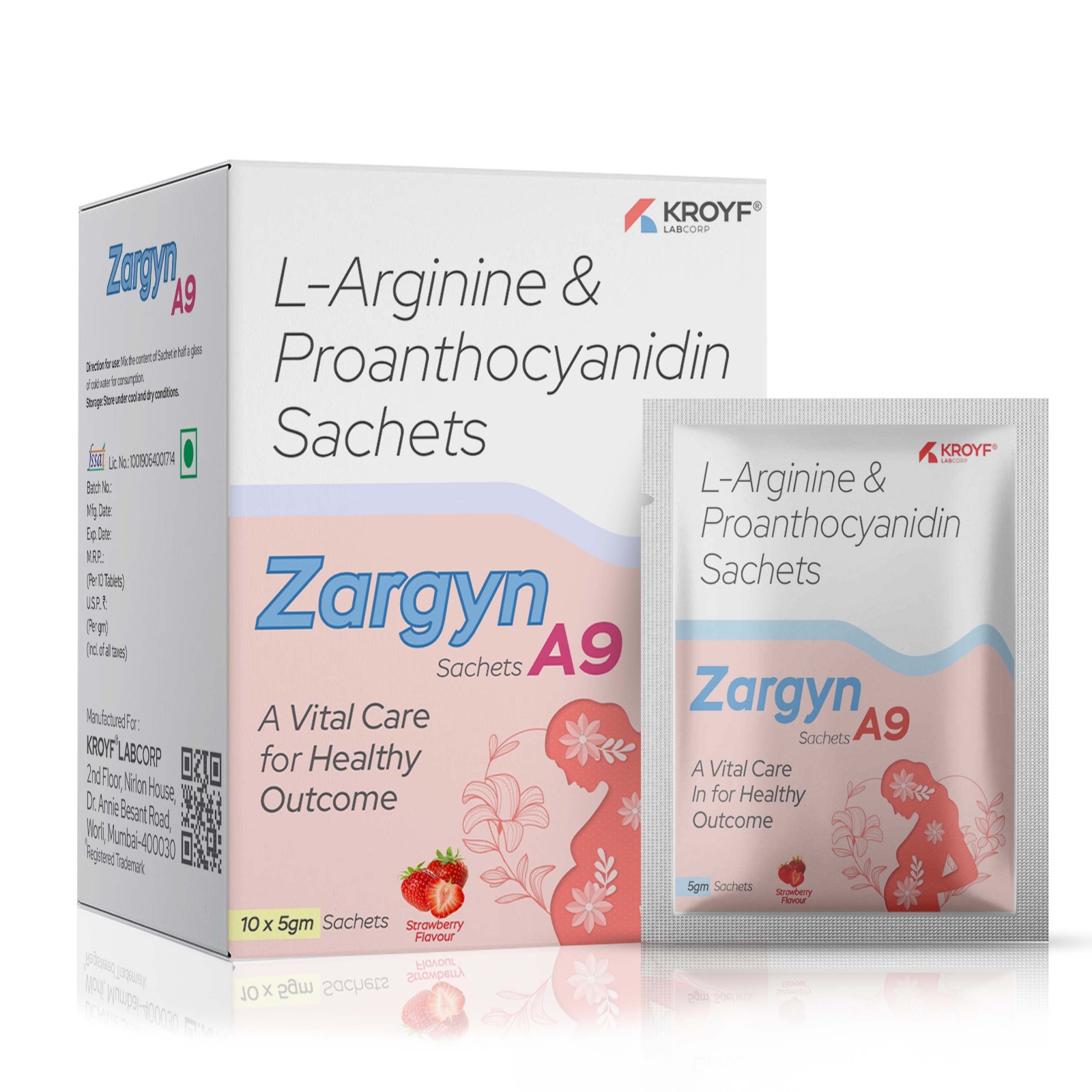 Zargyn A9, Compositions of Zargyn A9 are L-Arginine 3gm+Proanthocyanidin 75mg+Foilc acid 5mg +Zinc Sulphate Monohydrate 61.8 mg eq. to element zinc+22.5mg, Zargyn A9 offered by Kroyf